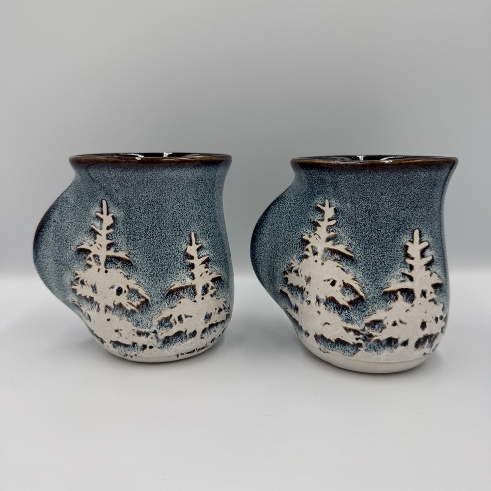 Tag Handwarmer Coffee Tea Mug 20 oz Stoneware Blue Pine Tree Forest Snow Winter